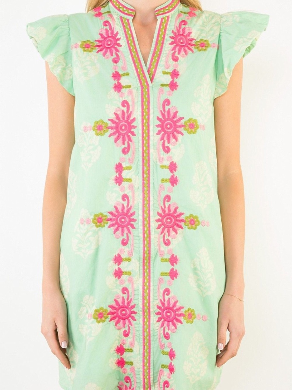 New THML Pink Green Flutter Sleeve Floral Embroidery Dress SZ XL